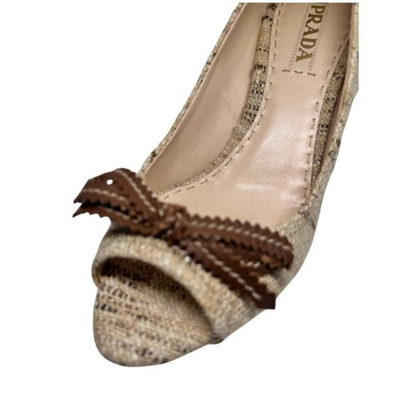 $995 PRADA TWEED BEIGE BROWN CORK WEDGE PEEP TOE SHOES WITH LEATHER BOW 39 - Picture 4 of 9